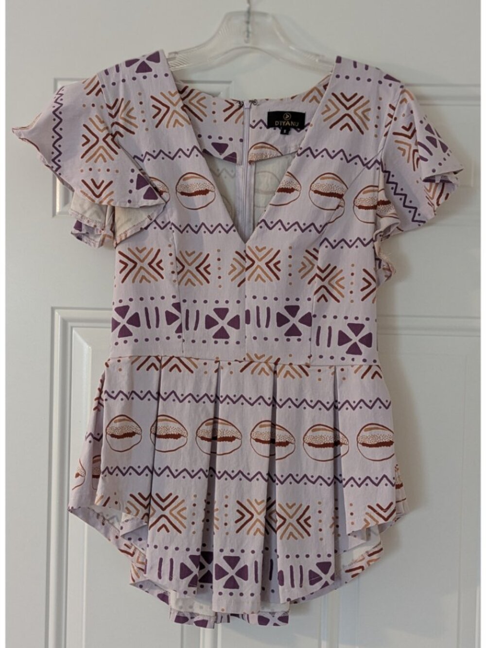 D’IYANU Zera African Print Peplum Top Mauve Plum Mudcloth Size Small